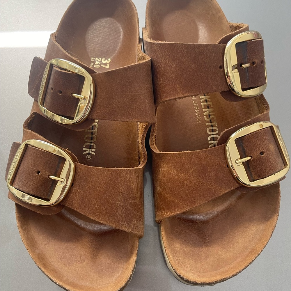 Birkenstock Brown Leather Two-Buckle Sandals with Gold Buckles 37